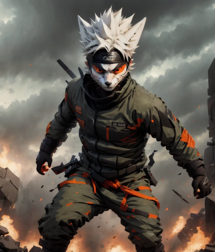 bicolor, portrait, ninja rexouium running, military ninja clothes, white spiky hairs, orange eyes, dynamic scene, epic, dynamic movements, defying look, wind, cloudy background <lora:vrcfurry_v2.1:0.8> <lora:gachaSplashLORA_gachaSplash31:1>