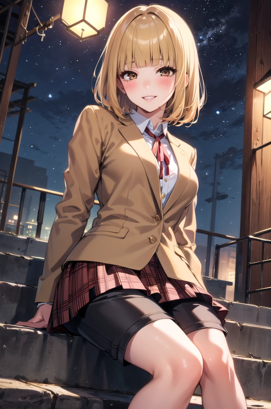 (masterpiece,best quality, detailed), 1girl, solo, outdoors, stairs, linked fence, night, from below, smile, parted lips, squinting, eyelashes, seductive smile, sitting, blush,
midorikawa hana, brown jacket, neck ribbon, collared shirt, school uniform, plaid skirt, (shorts, shorts under skirt), loafers