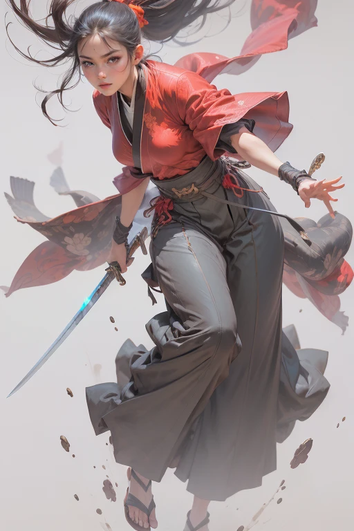 Best quality,masterpiece,ultra high res,(photorealistic:1.4)1girl,weapon,sword,japanese clothes,long hair,black hair,ponytail,katana,holding,white background,solo,holding weapon,blood,holding sword,arm guards,simple background,1boy,red kimono,kimono,male focus,blood on weapon,hakama,sheath,long sleeves,looking at viewer,black eyes,sandals,tabi,1girl,hakama pants,floating hairfull body,<lora:wuxia:0.8>,