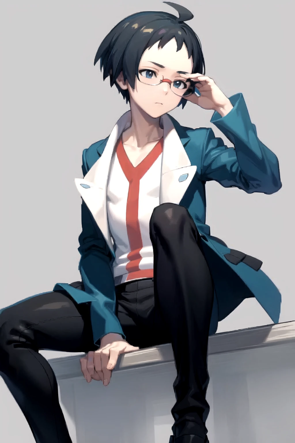 masterpiece, best quality, <lora:CherenLora:0.7>, cheren \(pokemon\), glasses, white shirt, blue jacket, black pants, thinking, contemplative, solo, 1boy