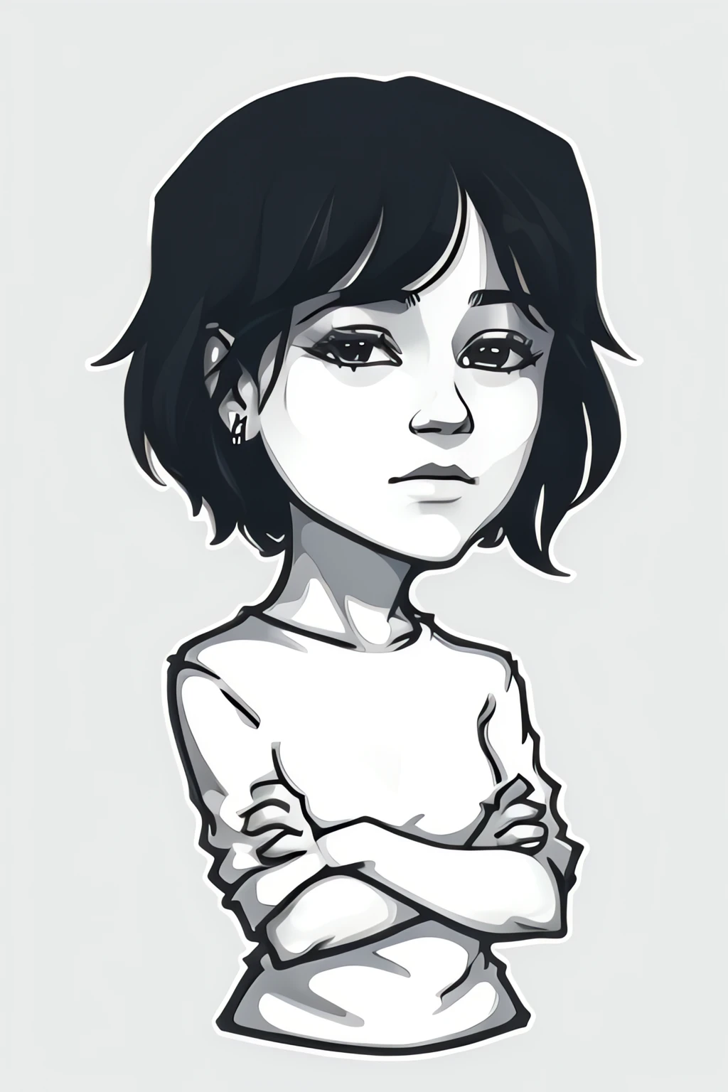 masterpeace, cartoon, die-cut sticker, 1girl, jennao, shirt, looking at viewer, arms crossed, centered, upper body, front shot, simple background, minimalism, monochrome, (solid outline:1.2) <lora:easy_sticker:1.2> <lora:Jenna Ortega:0.7>