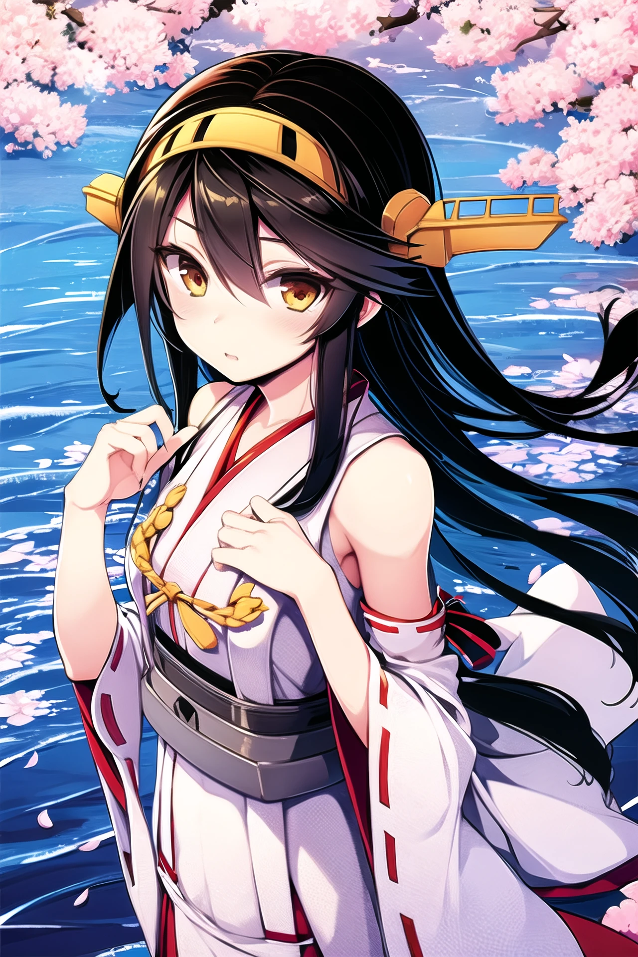 1girl, long hair, haruna (kancolle), solo, black hair, detached sleeves, hairband, nontraditional miko, japanese clothes, brown eyes, looking at viewer, bare shoulders, ribbon trim, ribbon-trimmed sleeves, cherry blossoms, hair ornament, <lora:tenmu:0.9>