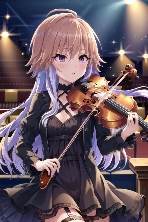 <lora:AsukaNinomiya-07:0.7>, ninomiya asuka, 1girl , black dress , breasts , brown hair , dress , garter straps , hair between eyes , halter dress , halterneck , holding , holding instrument , instrument , light particles , light rays , long hair , long sleeves , multicolored hair , music , nail polish , o-ring , parted lips , pinky out , playing instrument , purple eyes , purple hair , purple nails , short dress , small breasts , solo , violin