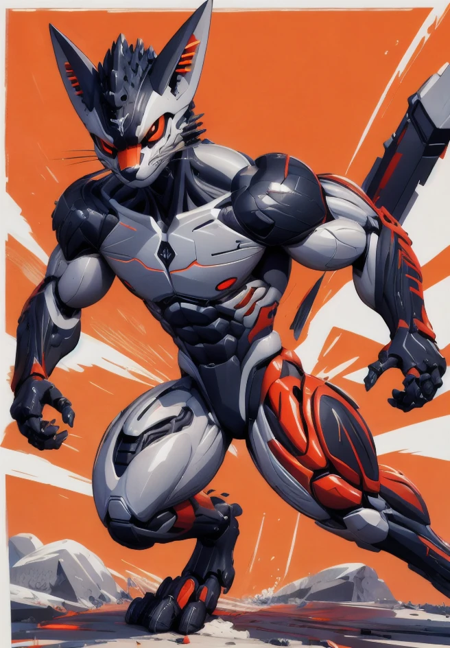 bicolor, rexouium robot running, muscular, dynamic movements, cyborg, anime, comic, thick lines, 3/4 view, three-quarter view <lora:vrcfurry_v2-000001:0.8> <lora:gachaSplashLORA_gachaSplash31:1>