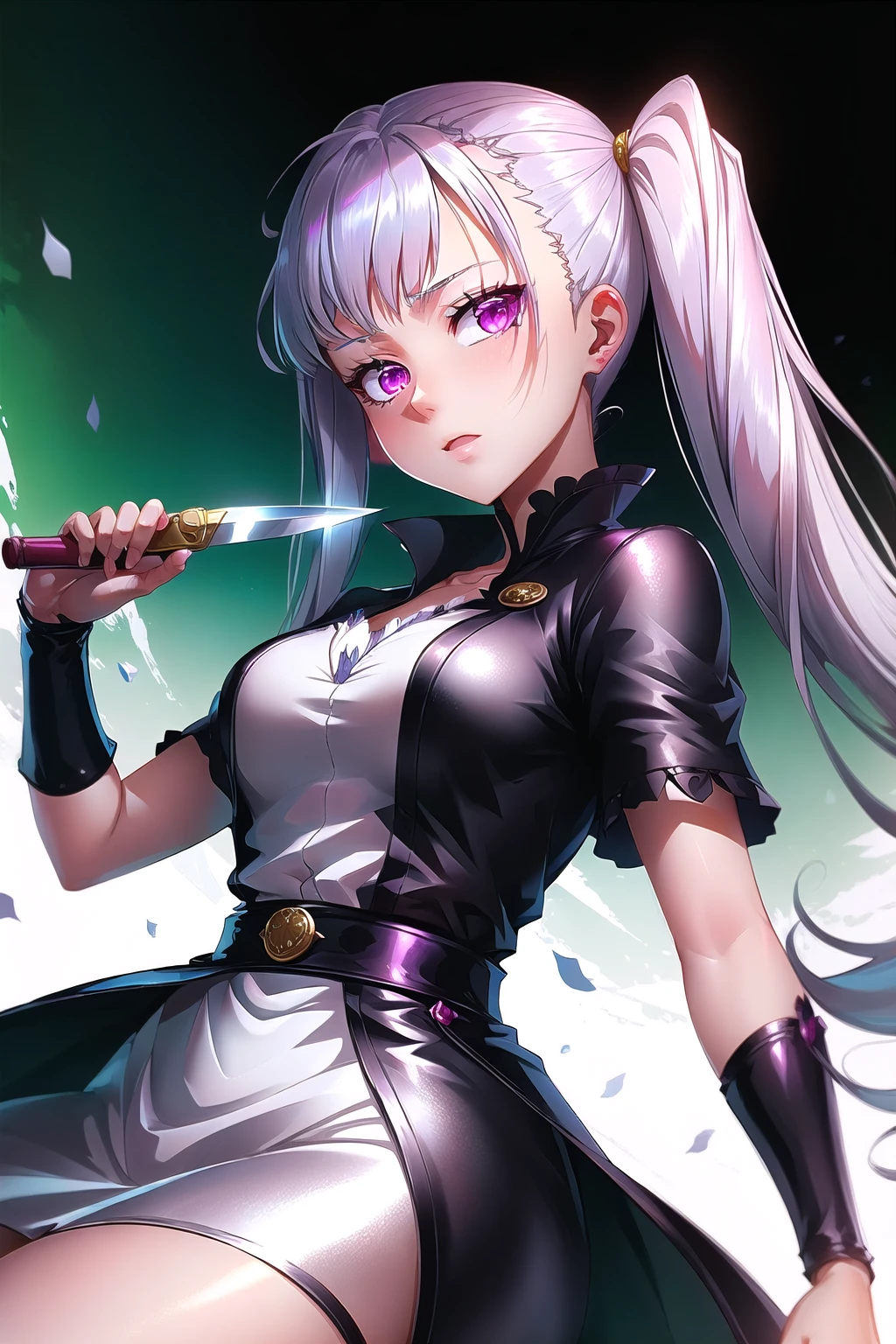 Highly detailed, High Quality, Masterpiece, beautiful,  Yor Knife, <lora:UnlimitedBladeWorksv0.4:0.8>, Noelle Silva, Black Clover, Silver hair, twintails, <lora:Char_BlackClover_NoelleSilva:0.7>