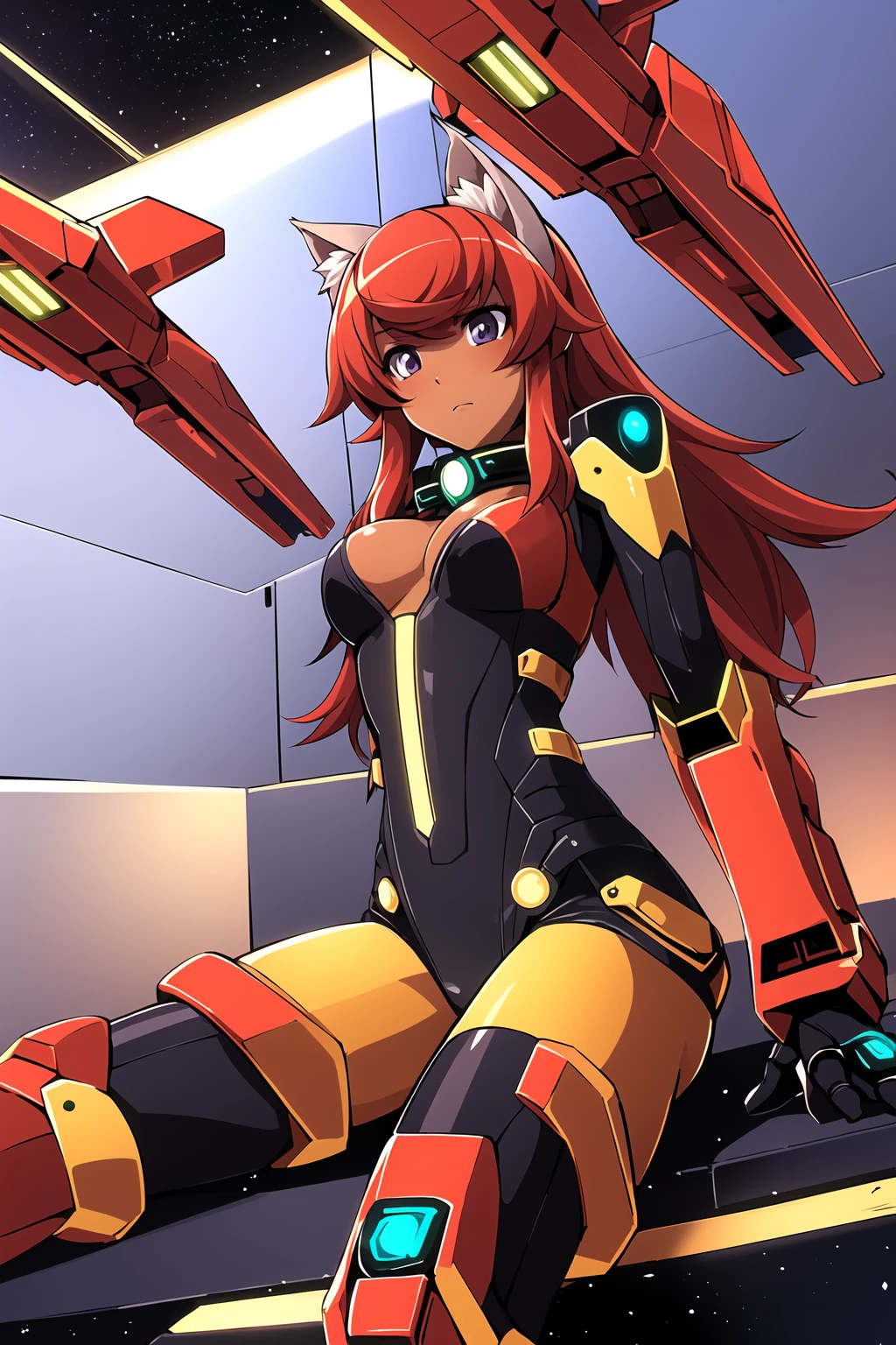 masterpiece, 1girl, liru the wolf girl, red hair, medium breasts, serious, dark skin, purple battlesuit, red core, red light strips, mecha, cybernetic, futuristic, space, spaceship, metal plating, interior, highly detailed