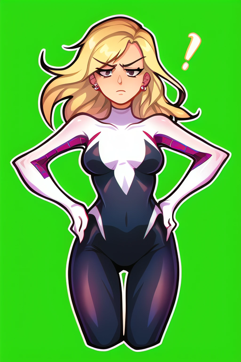 masterpeace, cartoon, die-cut sticker, 1girl, spider-gwen wearing bodysuit, blonde, perfect body, frustrated, hands on waist, perfect hands, looking at viewer, full shot, front shot, simple background color <lora:spider_gwen:0.8> <lora:easy_sticker:1.1>