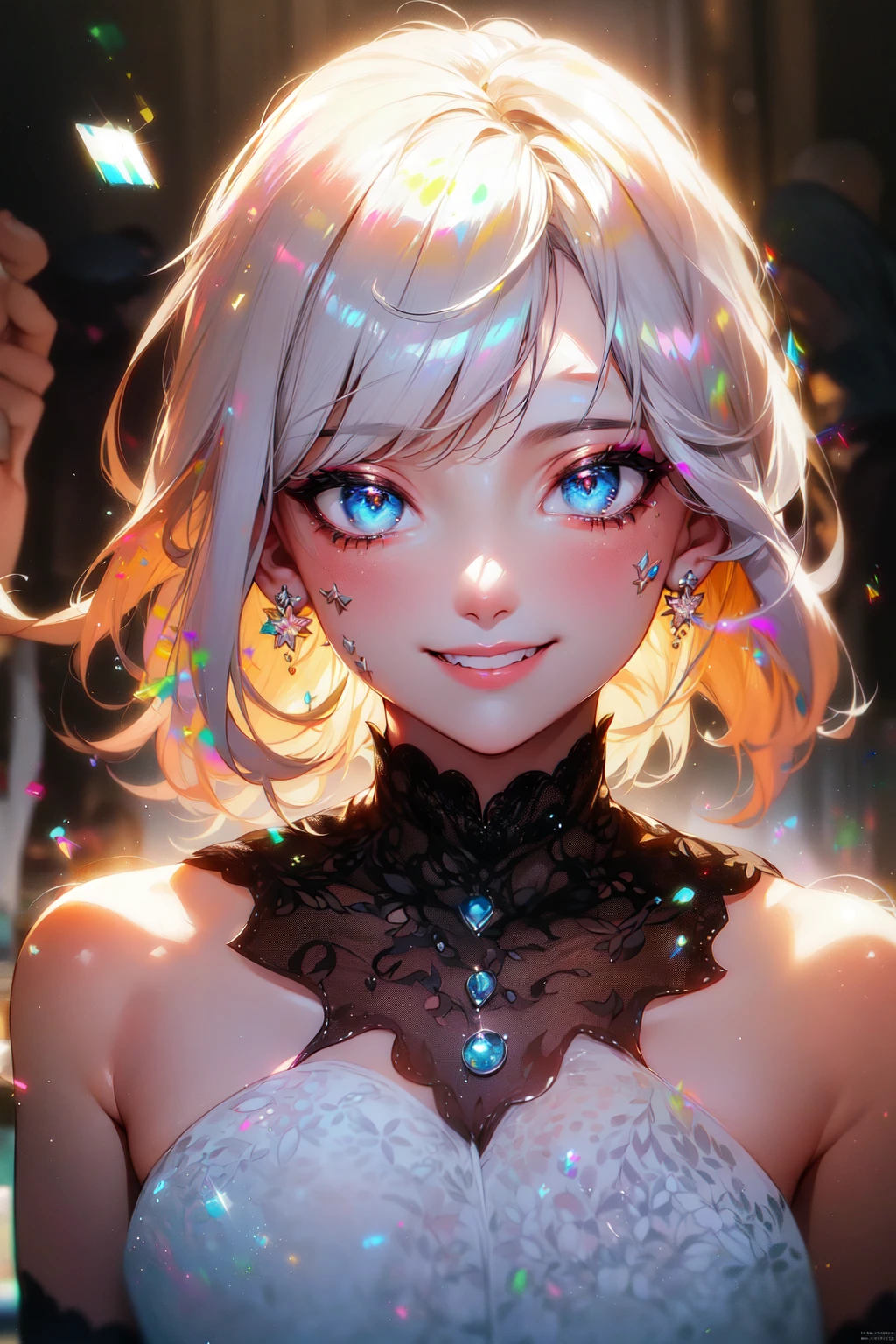 (Masterpiece:1.2), best quality, (illustration:1.2), (ultra-detailed),Eye focus,(Masterfully crafted Glow, pink lens flare), (Cinematic background), hyper details, (delicate detailed), (intricate details), octane render, hdr, (hyperdetailed:1.15), (soft light:1.2), 1girl, beautiful girl, ultra detailed eyes, mature, plump, thick, rainbow painting drops,(supermodel:1.3), paint teardrops, woman made up from paint, entirely paint, splat, splash, indoors, (bioluminescent hair:1.1),(glowing eyes), ((makeup)),(Cinematic masterpiece), fierce, powerful, splashes of colour absolutely eye-catching, (Cinematic headlight), ((caustic)), dynamic angle, beautiful detailed glow, ambient occlusion, ambient light, raytraced reflections,(best illumination, an extremely delicate and beautiful), ((cinematic light)), (soft:2),(exhilarating smile:1.5), kawaii, euphoric,