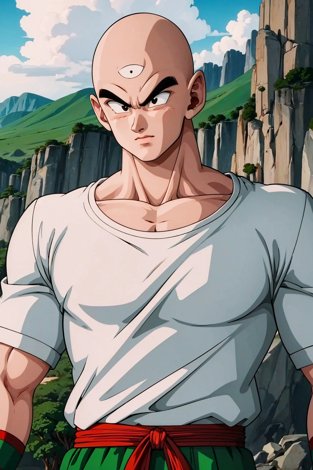 (8k, best quality, masterpiece:1.2), (finely detailed),solo, detailed illustration,intricate,,(upper body), from below, a ((bald)) tien with black eyes a third eye wearing white t-shirt (green pants) green wristband black shoes and red sash standing, at a rocky grassfield, looking at viewer