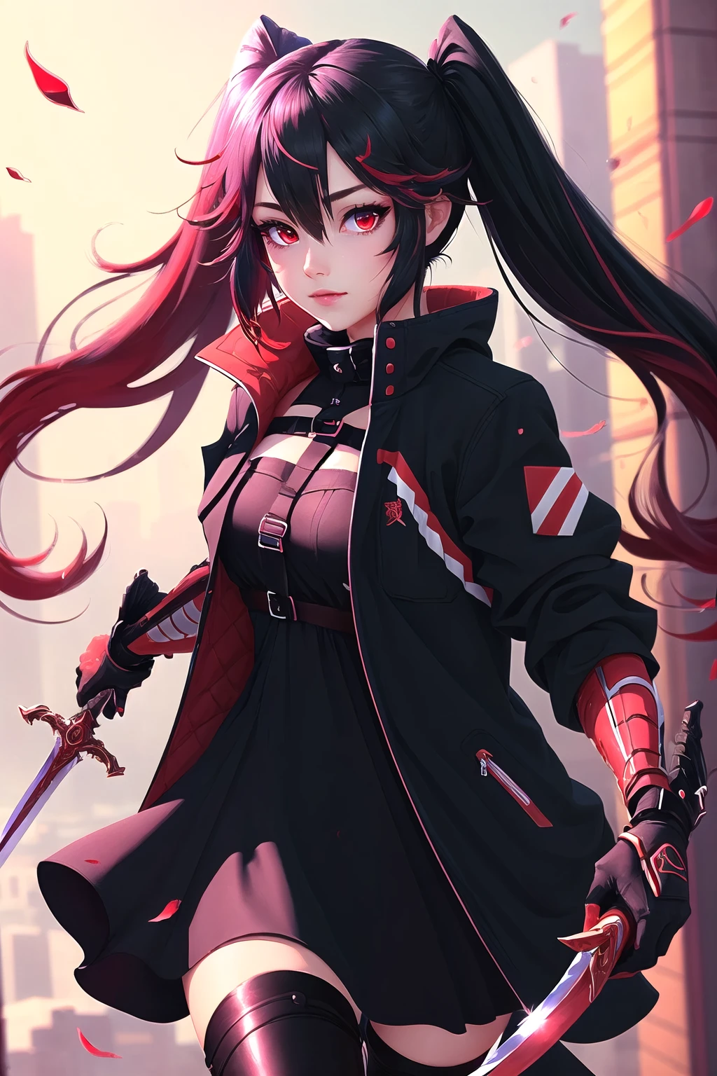 Highly detailed, High Quality, Masterpiece, beautiful,  Dual Wielding Swords, <lora:UnlimitedBladeWorksv0.4:0.8>, Lucia, Twintails, Black hair, red eyes, multicolored hair, black jacket, open jacket, black dress, mechanical arms, <lora:Char_PunishingGreyRaven_Lucia:0.5>