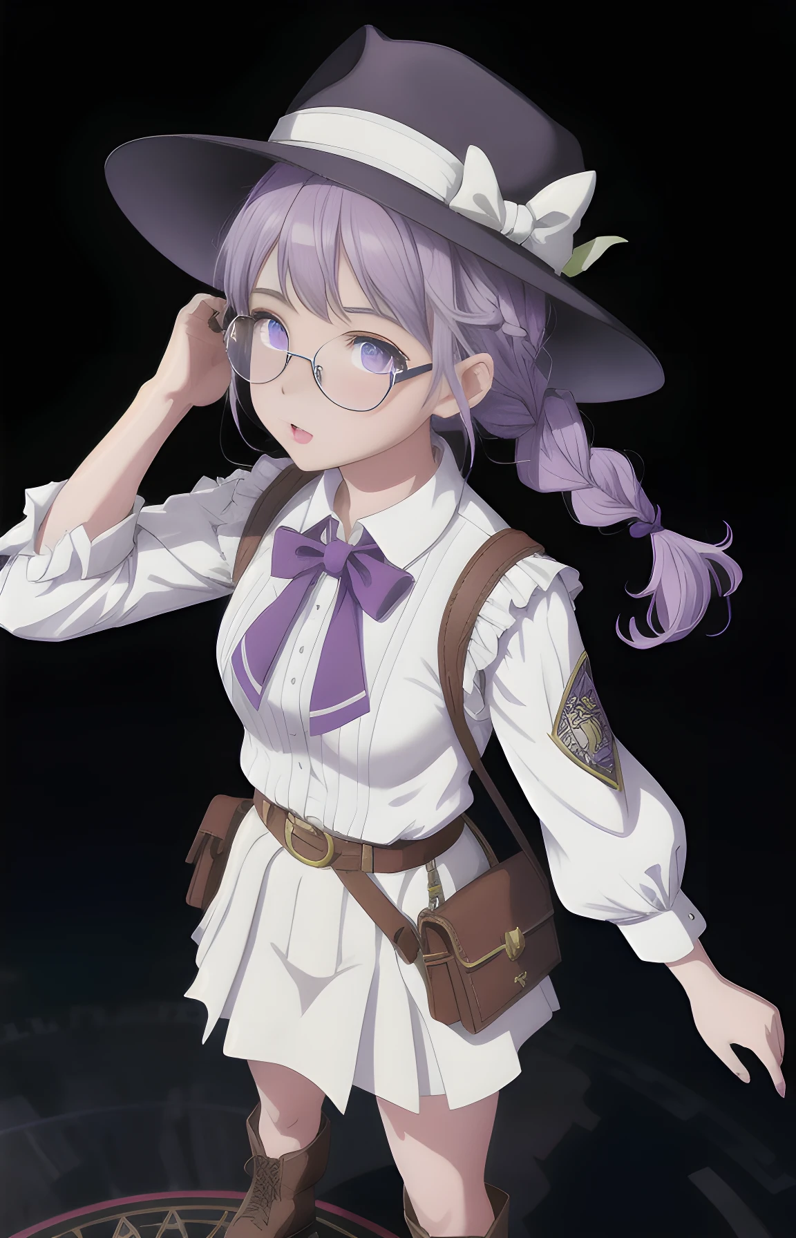 absurdres, (best quality), (masterpiece), (ultra-detailed:1.2),(photorealistic:1.4), (highres), reflection, (cowboy shot:1.2),spell,(from above:1.2), looking up, 1girl, <lora:emma-nvwls-v1-final:0.8> emma millstein, glasses, newsboy hat, braided ponytail, purple sleeveless coat, white shirt, green skirt, belts, white boots, glowing eyes, (magic circle:1.5), (hologram:1.3), (Quadruple Oblong:1.3), compass, fire magic,(zentangle:1.1), ancient castle