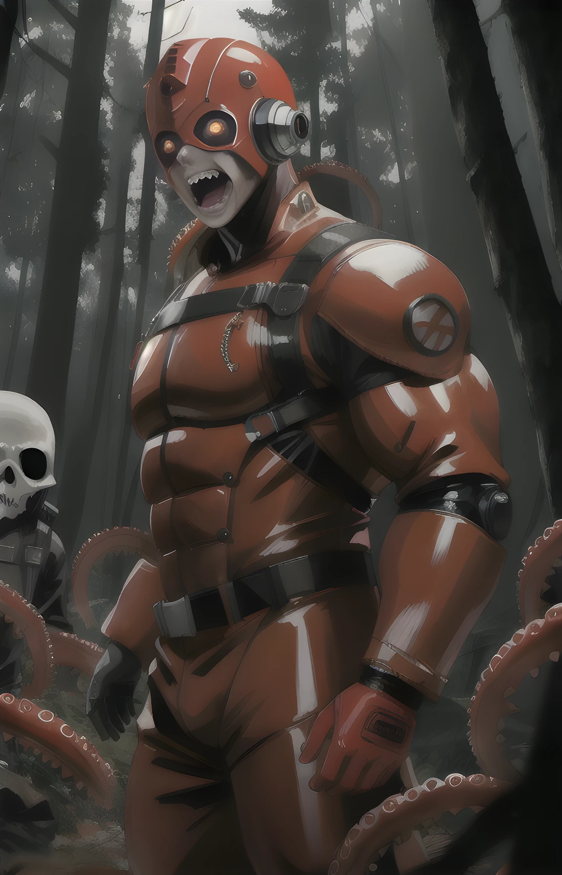 reelhorror, musculous man, humanoid, dismembered, hazmat suit, multiple arms, open mouth, multiple heads, teeth, (multiple eyes:1.2), flesh, drooling, looking at viewer, lying, blood, tentacles, injury, realistic, death, outdoors, forest, night,full-length shot, trash, pov scene, pov, horror