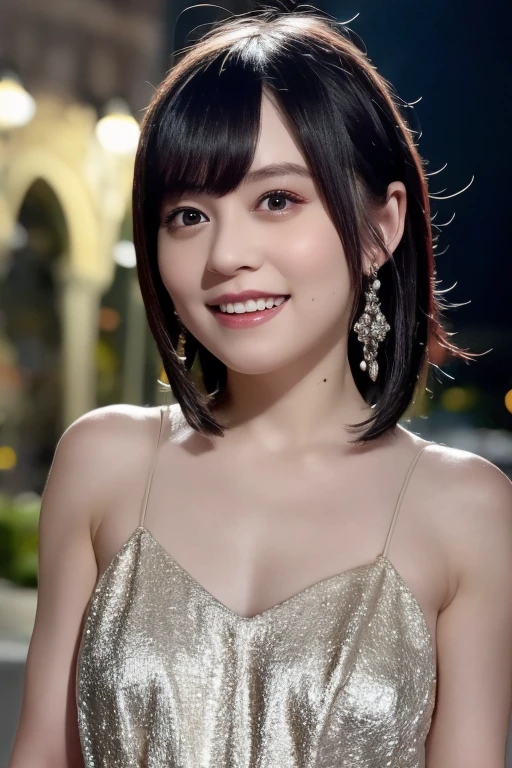 1girl,(wearing a glittery dress),(RAW photo, best quality), (realistic, photo-realistic:1.4), masterpiece, an extremely delicate and beautiful, extremely detailed, 2k wallpaper, Amazing, finely detail, extremely detailed CG unity 8k wallpaper, ultra-detailed, highres, soft light, beautiful detailed girl, extremely detailed eyes and face, beautiful detailed nose, beautiful detailed eyes,cinematic lighting,city light at night,perfect anatomy,slender body,smiling