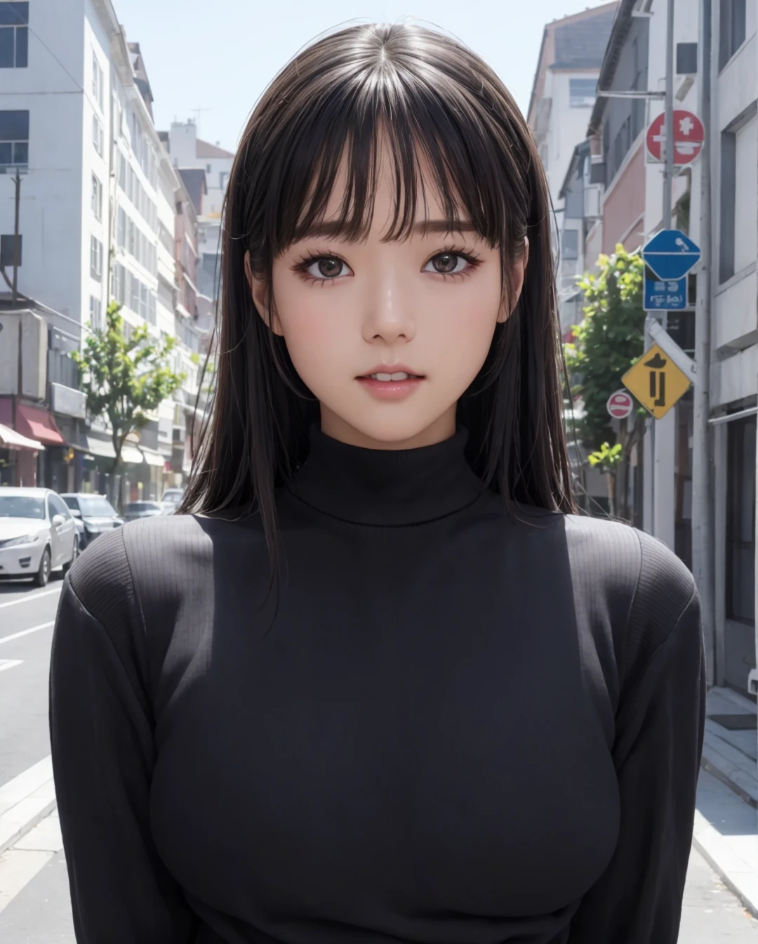 pureerosface_v1, best quality, photorealistic, 8k, high res, 1girl, woman, (skindentation), (portrait:0.6),  ((cityscapebackground:1.6, smallsize round breast, highneck sweater:1.35)), straight-looking at viewer:1.8, (1girl eyes looking at viewer:1.45, medium-length hair,  blackhair, partedbangs:1.15), photorealistic, (bokeh),  <lora:CBGV-umi:0.65>