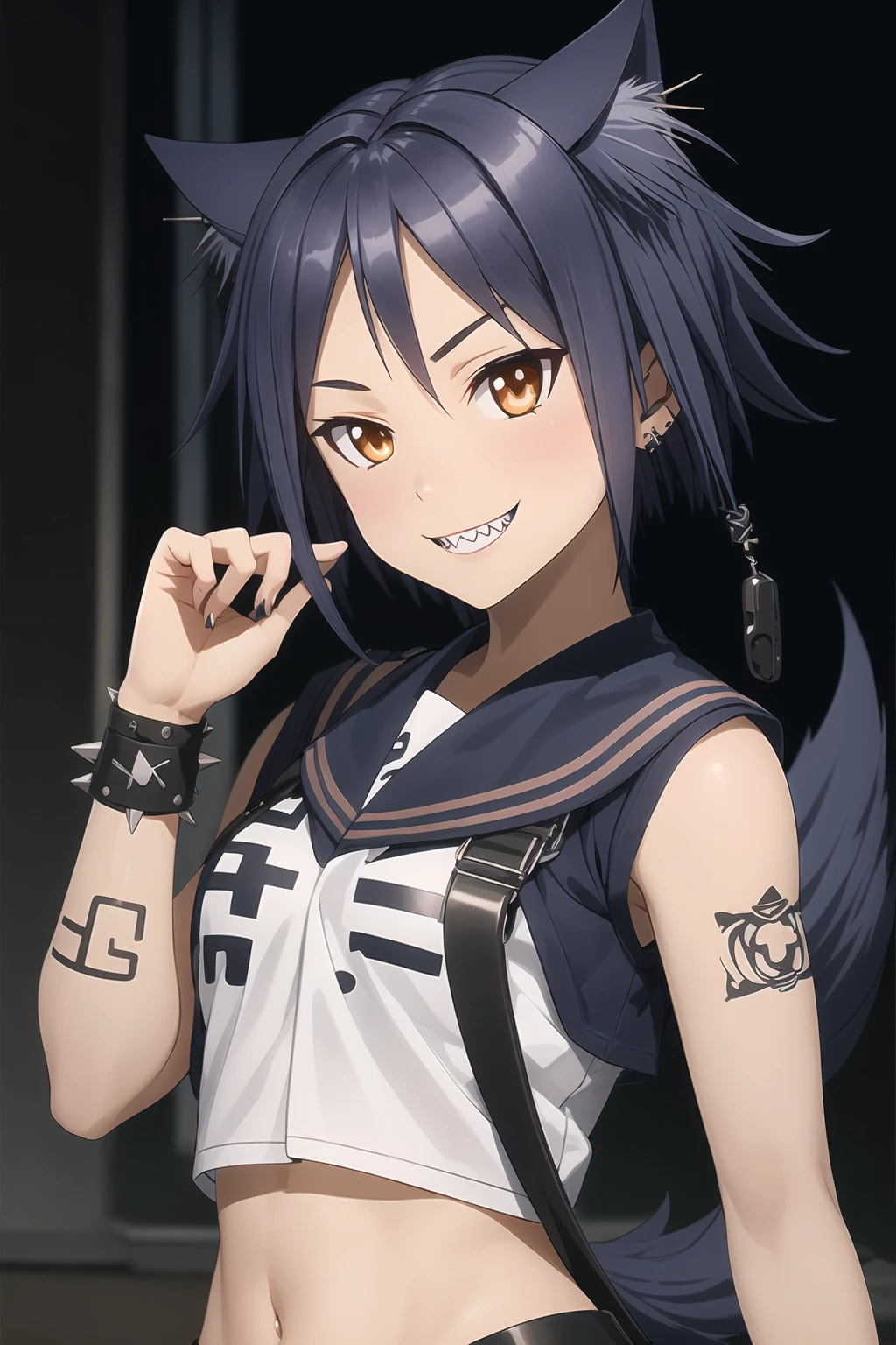 masterpiece, 1girl, galil ar \(upotte!!\), punk outfit, smile, sharp teeth, blue hair, spiked hair, piercings, hair pin, barcode tattoo, wolf ears, wolf tail,