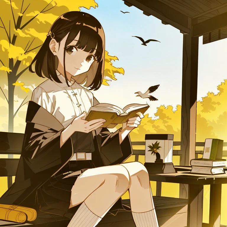 by sushi0831, 1girl, bird, solo, shirt, leaf, skirt, book, brown hair, brown eyes, sitting, outdoors, white shirt, holding, tree, jacket, medium hair, sky, long sleeves, closed mouth, long skirt, open book, cup, black skirt, bangs, white bird, day, off shoulder, blue sky, holding book