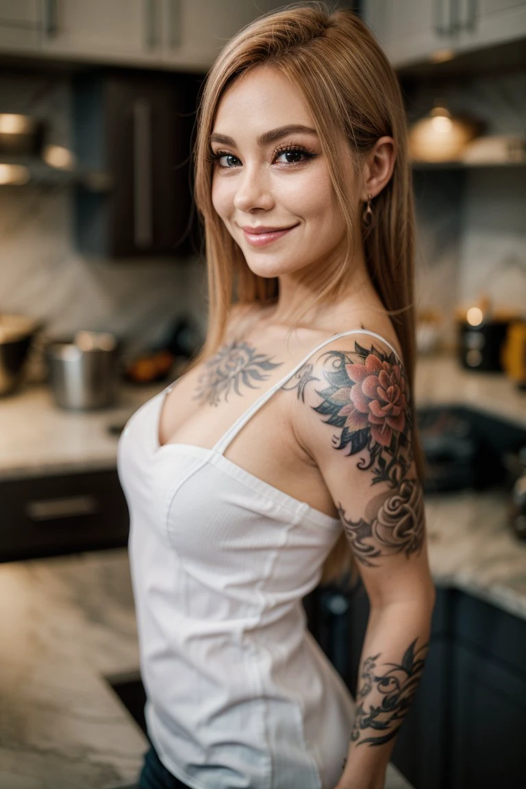 1girl, upper body, close-up,  looking at viewer, smile, standing, depth of field, tattoo, kitchen,