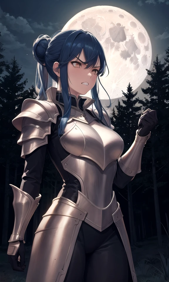 masterpiece, best quality, 1girl, solo, angry, brown eyes, blue hair, bangs, sidelocks, half updo, clenched hand, parted lips, [bodysuit|armored dress], long sleeves, gloves, armor, looking to the side, clenched teeth, (cowboy shot), night, full moon, forest, underexposure, professional lighting