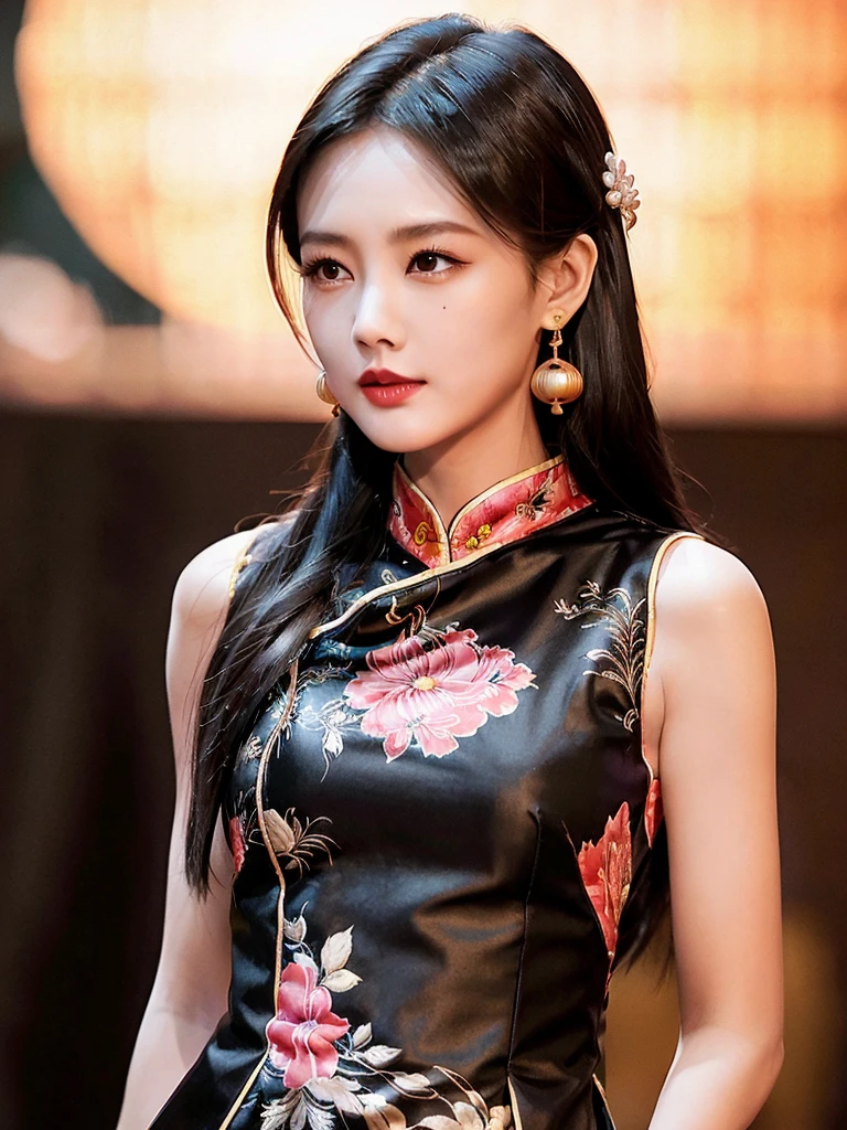 (sleeveless chinese clothes:1.5), floral print, (night cityscape background:1.5), (1girl:1.6), long hair, ulzzang-6500v1.1, (original: 1.2), (realistic: 1.3) , beautiful girl with beautiful details, extremely detailed eyes and face, eyes with beautiful details, absurd, incredibly absurd, huge file size, ultra detail, high resolution, ultra detailed, best quality, masterpiece, illustration, ultra detailed and beautiful, ultra detailed, CG, unity, 8k wallpaper, amazing, fine Detail, masterpiece, top quality, official art, extremely detailed CG unity 8k wallpaper, cinematic lighting, (perfect shiny skin:0.6), slim and smooth lines, (floating), (small breasts:1), diamond earrings, <lora:Liyitong_v11:0.7>