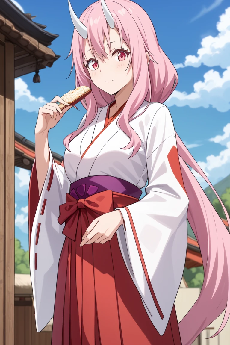 Shuna 
<lora:ShunaV1:0.7>
((best quality)), ((masterpiece)), (detailed)
1girl, bangs, blue_sky, cloud, cloudy_sky, day, food, hair_ornament, hakama, hakama_skirt, holding, holding_food, horns, japanese_clothes, long_hair, miko, outdoors, pink_hair, red_eyes, red_hakama, single_horn, skirt, sky, solo, very_long_hair, wide_sleeves