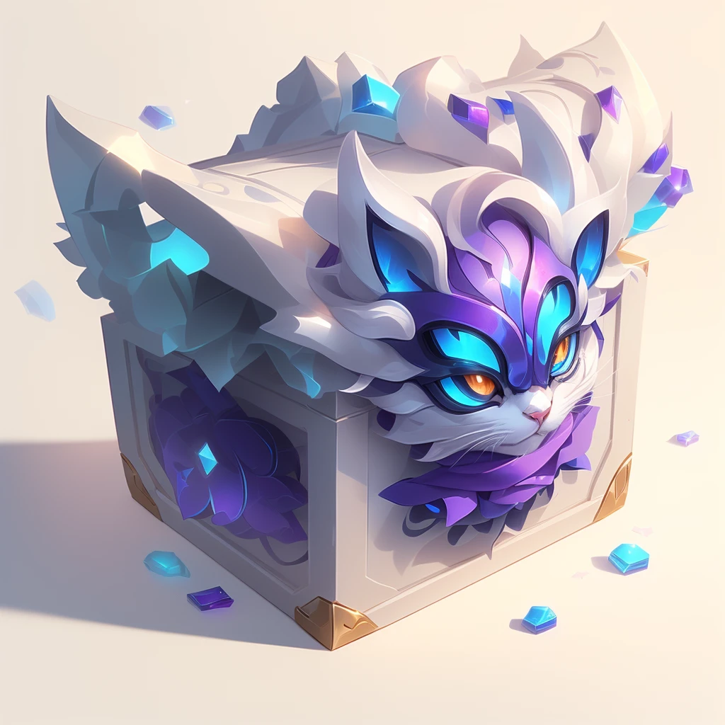 (Masterpiece, Top quality, Best quality, official art, Beautiful Beauty :1.2), (8k, Best quality, Masterpiece :1.2), (((white background,)))
(item/baoxiang), Fantasy, a treasure chest in the shape of a cat head with a pair of cat ears, This box also has a cat's tail,cyberpunk style, purple and blue <lora:baoxiang:0.5>