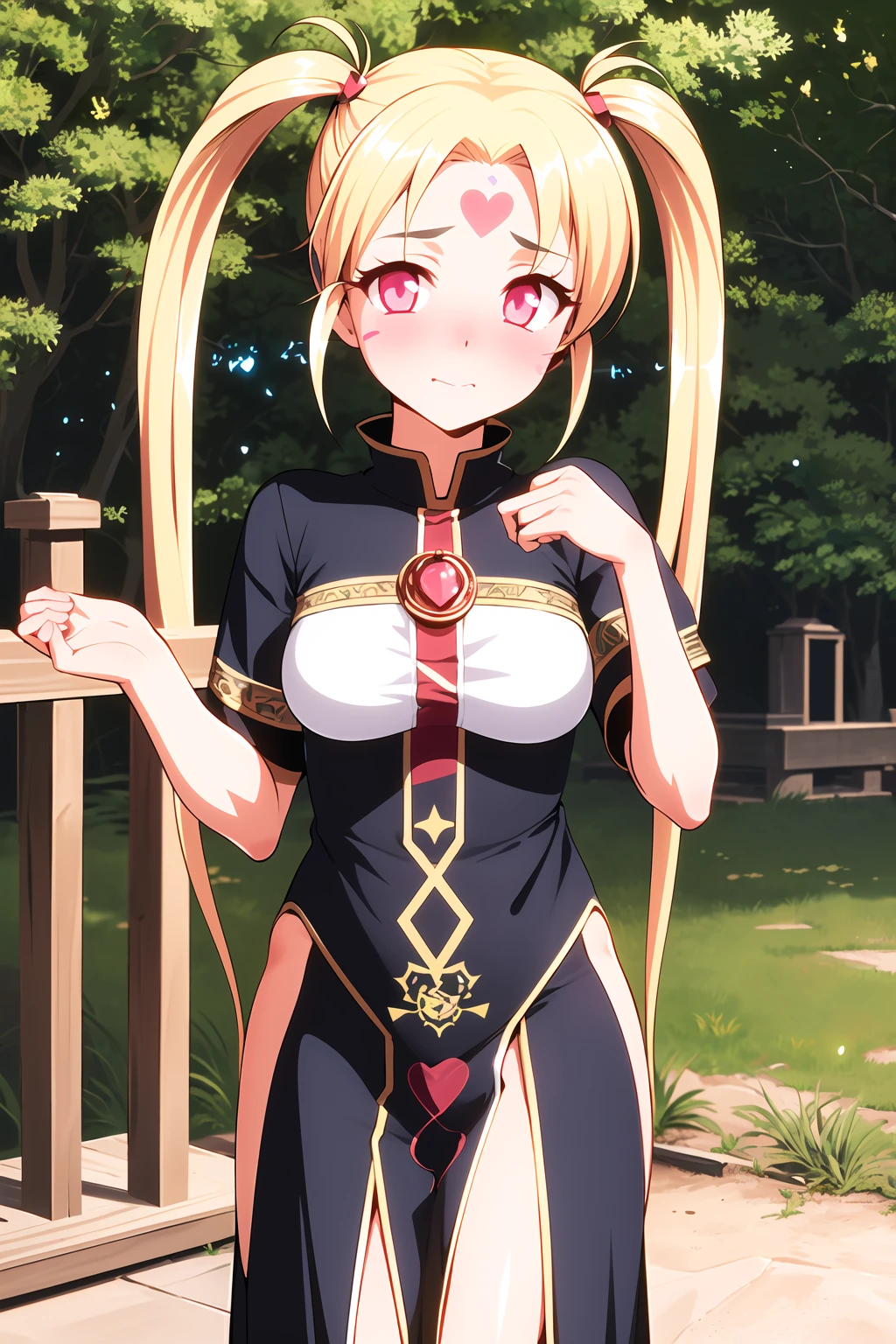 masterpiece, 1girl, pretty sammy, goddess dress, fantasy, shrine, (large breasts:0.8), standing, cute, blush, (blonde hair), long twintails, heart facial mark, temple, glowing runes, magical, best quality
