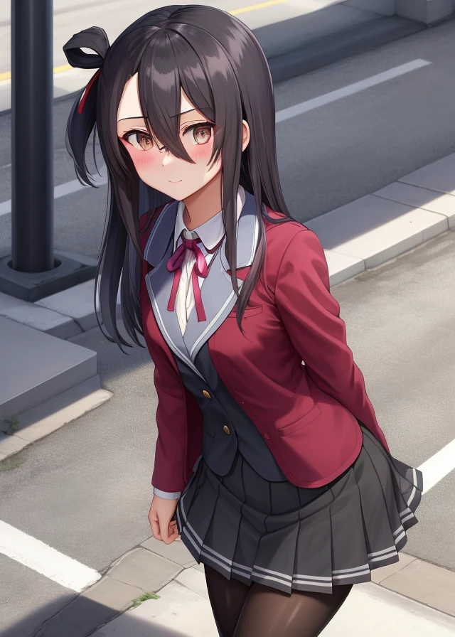 <lora:Koori_Chikage-10:0.7>,Koori_Chikage, 1girl, solo,blush,shirt, black hair,skirt,dark brown eyes,pantyhose, pleated skirt, shoes, vest, black pantyhose,ribbon,(((hair between eyes:1.5))),(hair over one eye),school uniform, jacket, hair ribbon, white shirt, collared shirt, red ribbon, black ribbon, neck ribbon,, blazer, eyes visible through hair, red jacket,Street,