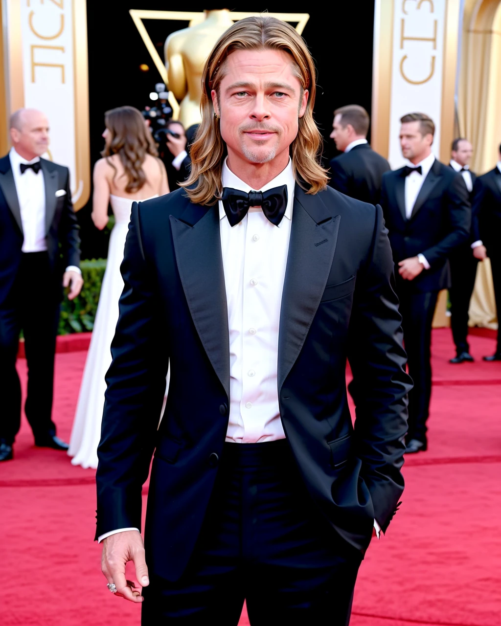 Depicting Brad Pitt in a Red Carpet-Ready Outfit, High-Quality, Glamorous, Elegant, Timeless, (Suit), Eye-Catching , Perfectly Styled Hair, Confident Pose, Regal Smile, Lavish Background, No Distortions, No Over-the-Top Photoshop Effects, Photographer's Signature Included, by Photographer Rochelle Brock,