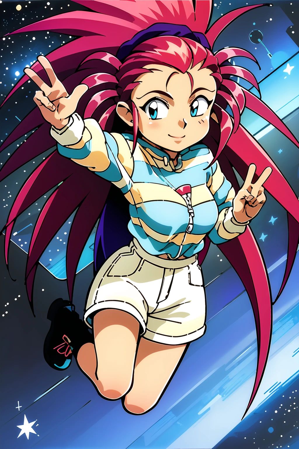 masterpiece, best quality, highly detailed, 1girl, hakubi washuu, smiling, floating, flying, from above, stars, space, cute, cartoon, large breasts, waving, striped shirt, shoes, very long hair, spiked hair, red hair