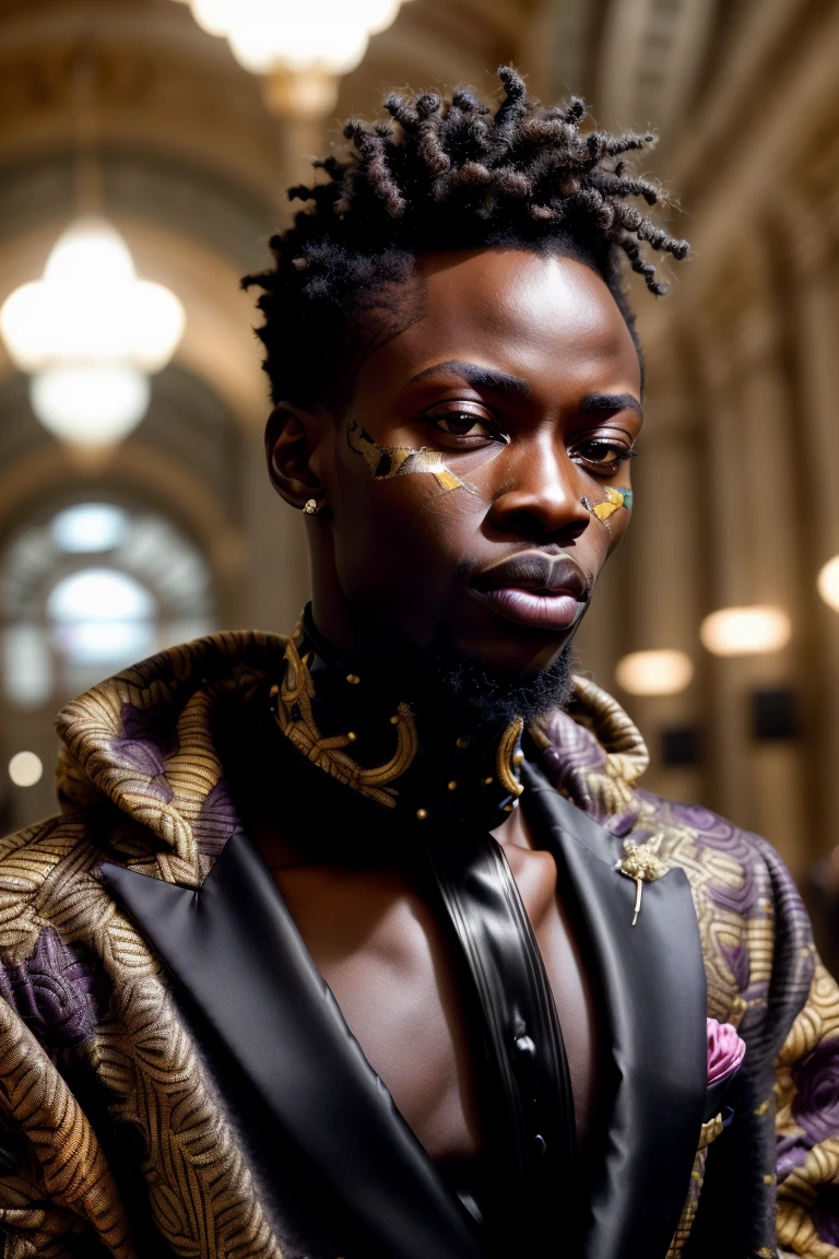 <lora:weird future fashion_v4:1> RAW extreme face close up portrait of a young african man, [golden eyes:0.1], wearing a velvet weird future fashion black opalescent tuxedo with a lapel rose, professional photography, in an empty opulent palatial grand train station, indoor lighting, high resolution, 4k, 50mm, photo by Brooke Shaden, close up shot