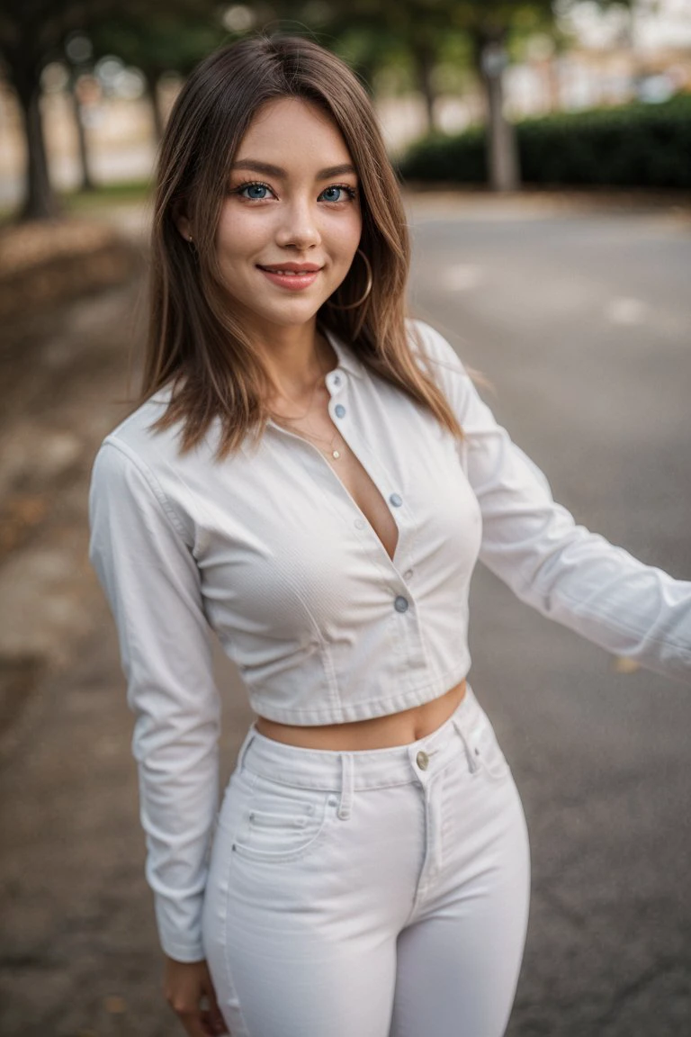 1girl, looking at viewer, blue eyes,  smile, standing, depth of field, selfie, white jeans,