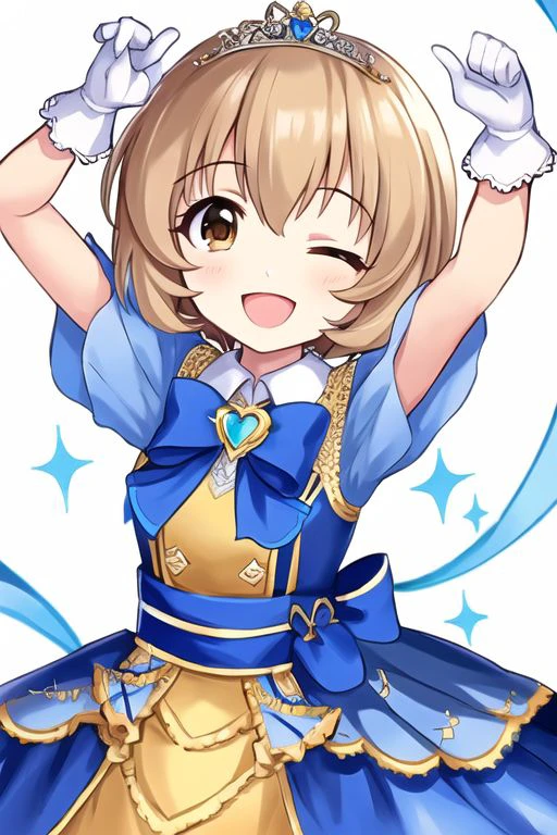 Koga Koharu,
1girl, ;d, arms up, blue dress, blue ribbon, blue sash, blush, bow, bowtie, brooch, brown eyes, brown hair, double v, dress, frilled dress, frills, gloves, heart brooch, jewelry, looking at viewer, one eye closed, open mouth, ribbon, sash, short hair, short sleeves, simple background, smile, sparkle, tiara, upper body, v, white background, white bow, white bowtie, white gloves
<lora:u149-v4.0:1>