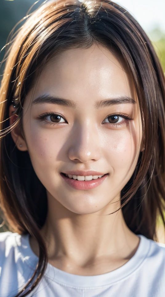 32k, best quality, masterpiece, realistic, ultra detail,  photography, HDR, ROW photo, highres, absurdres, smooth light, official art, depth of field,
close-up, slender, finely detailed face, smile, beautiful details eyes, 19years old korean, pretty, best quality real texture skin,
t-shirts,