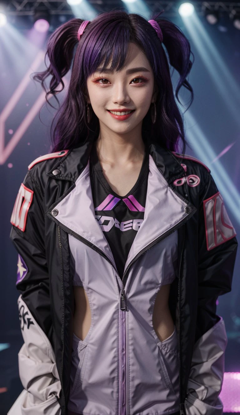 1girl, commercial, idol, stage, looking at viewer, upper body, depth of field, jacket, close-up, smile,  k/da, prism, gradient, happy,