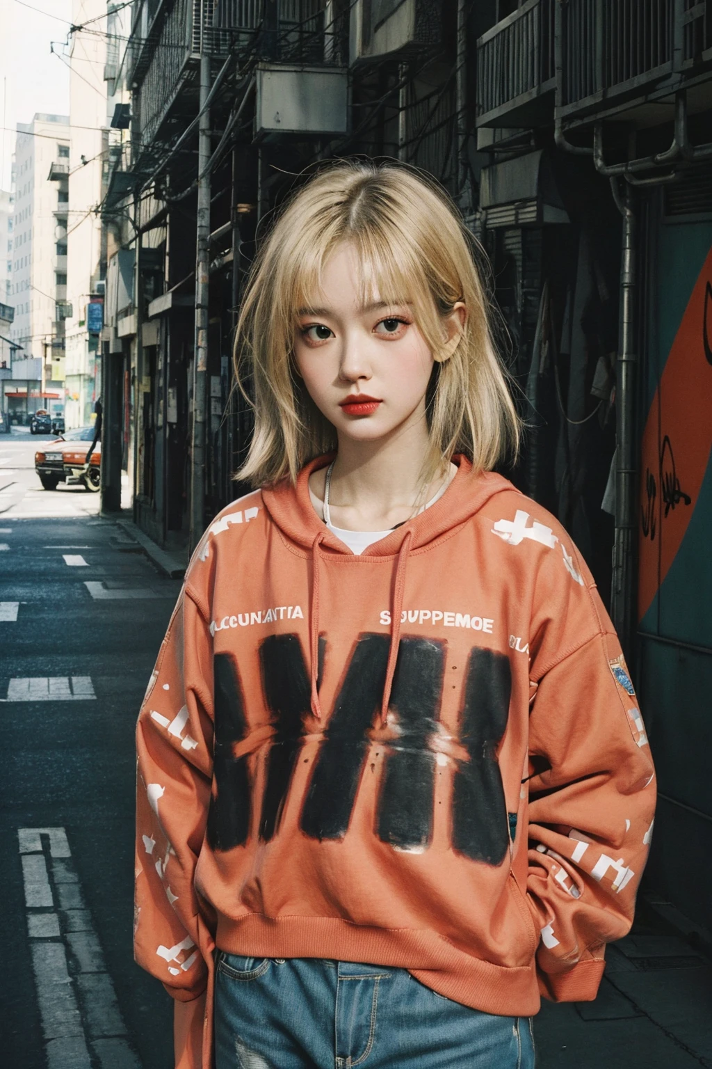 abstract 1998 european blond hiphop girl by sachin teng x supreme, attractive, stylish, designer, orange, asymmetrical, geometric shapes, graffiti, street art, cowboy shot, ray tracing, <lora:Velvia1:0.6>