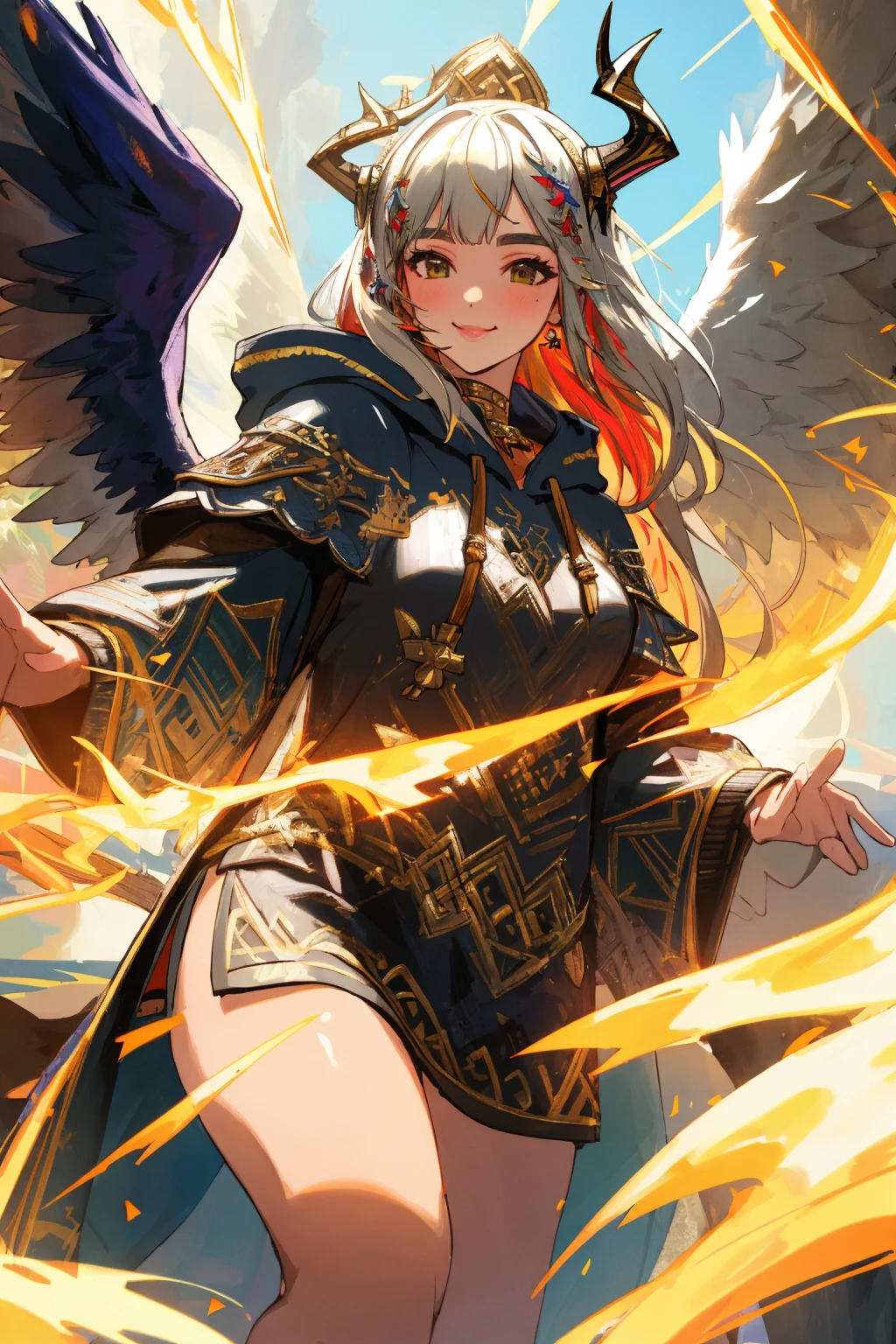 Masterpiece, absurdres, fine detail, HDR,beautiful smile, highly detailed facial features, Dua Lipa,
multicolor fabric, hoodie, a [woman|walkure] posing for a picture , wearing [walkure_armor, viking|hoodie], WINGS, viking,norse setting
 <lora:ValkHoodie:0.75>