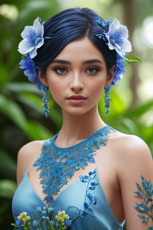 fashion photography portrait of blue human avatar, in blue lush jungle with flowers and birds, 3d render, cgi, symetrical, octane render, 35mm, bokeh, 9:16, (intricate details:1.12), hdr, (intricate details, hyperdetailed:1.15), (natural skin texture, hyperrealism, soft light, sharp:1.2)