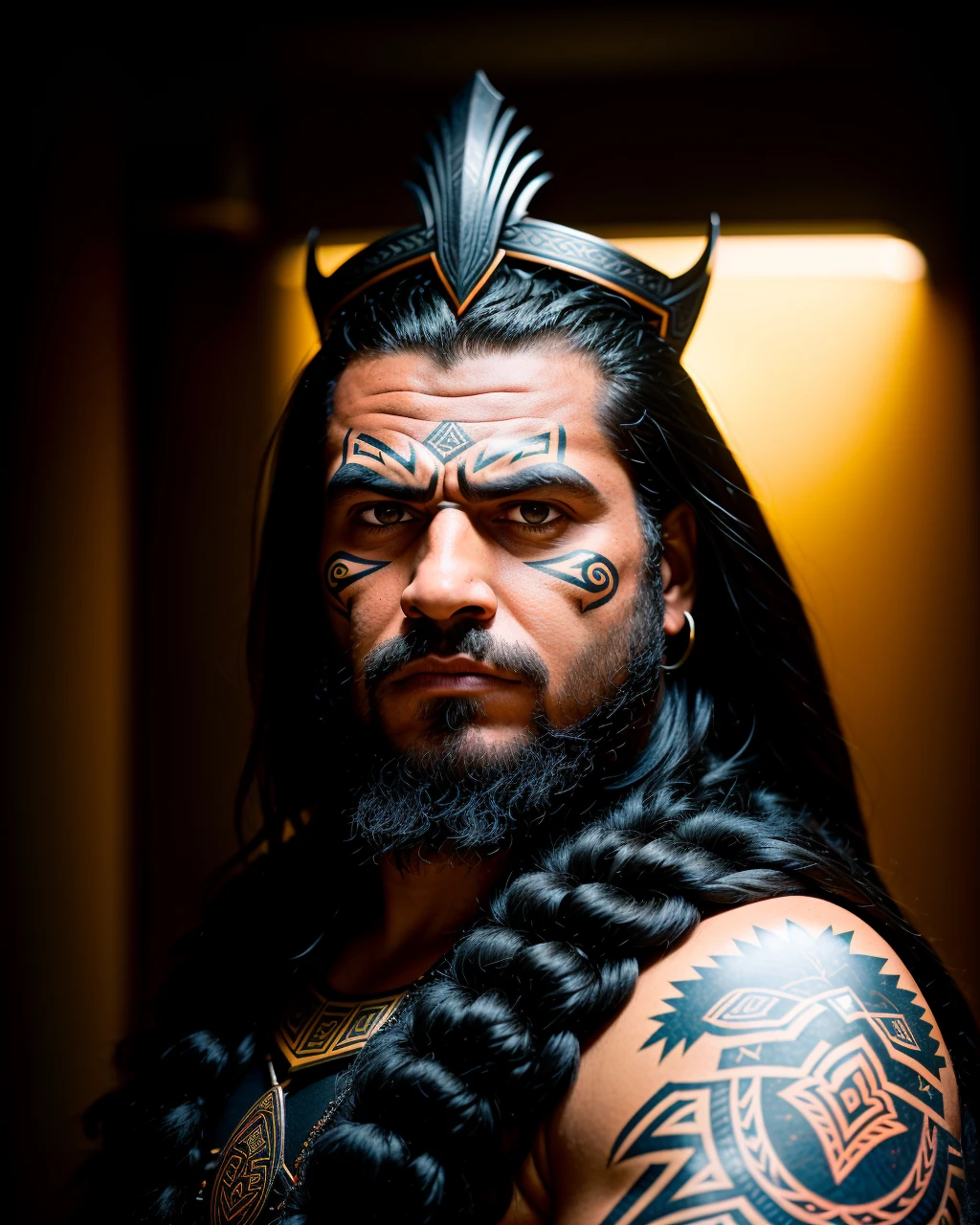 Detailed portrait of Māori Juggernaut from path of exile shot on Hasselblad 501c three point lighting Sci-Fi atmosphere