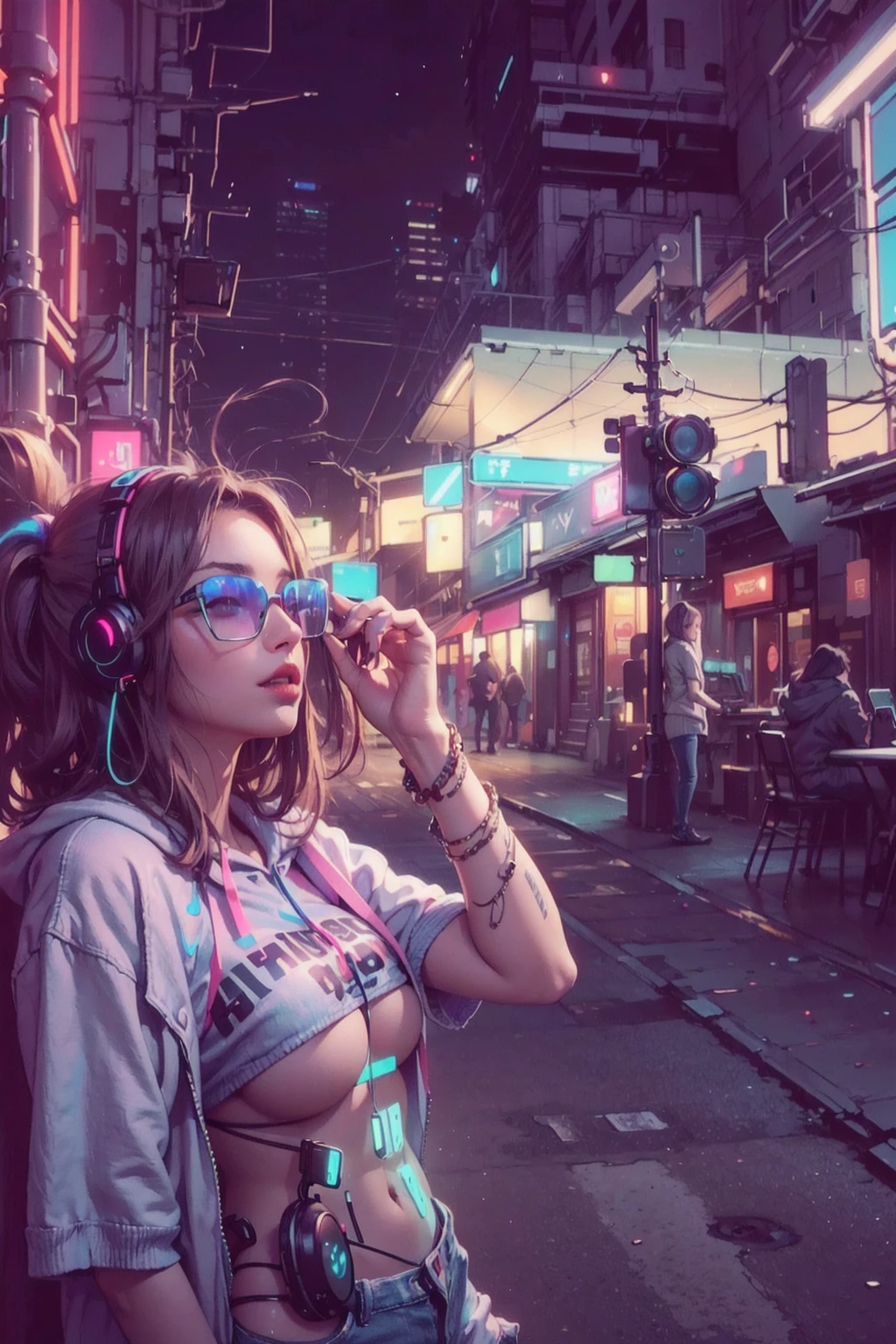 1girl,((wearing headphones:1)),((earphone:1.2)), (((music player machine))), high ponytail hair, night, dynamic pose, (denim shorts, sweater hoodie), solo, cityscape, official art, unity 8k wallpaper, ultra detailed, beautiful and aesthetic, masterpiece,best quality,
neon,CyberpunkAI <lora:CyberPunkAI:0.65>