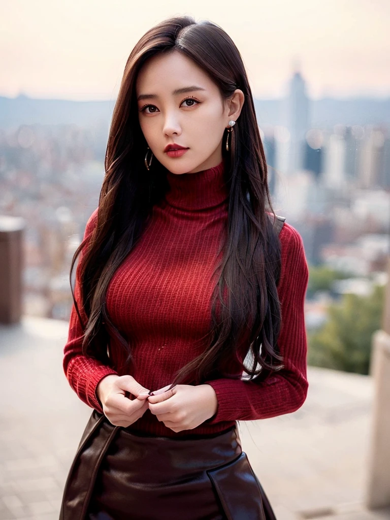 1girl, (red turtleneck sweater:1.5), skirt, ( cityscape background:1.5), long hair, ulzzang-6500v1.1, (original: 1.2), (realistic: 1.3) , beautiful girl with beautiful details, extremely detailed eyes and face, eyes with beautiful details, absurd, incredibly absurd, huge file size, ultra detail, high resolution, ultra detailed, best quality, masterpiece, illustration, ultra detailed and beautiful, ultra detailed, CG, unity, 8k wallpaper, amazing, fine Detail, masterpiece, top quality, official art, extremely detailed CG unity 8k wallpaper, cinematic lighting, (perfect shiny skin:0.6), slim and smooth lines, (floating), (small breasts:1), diamond earrings, <lora:Liyitong_v11:0.7>
