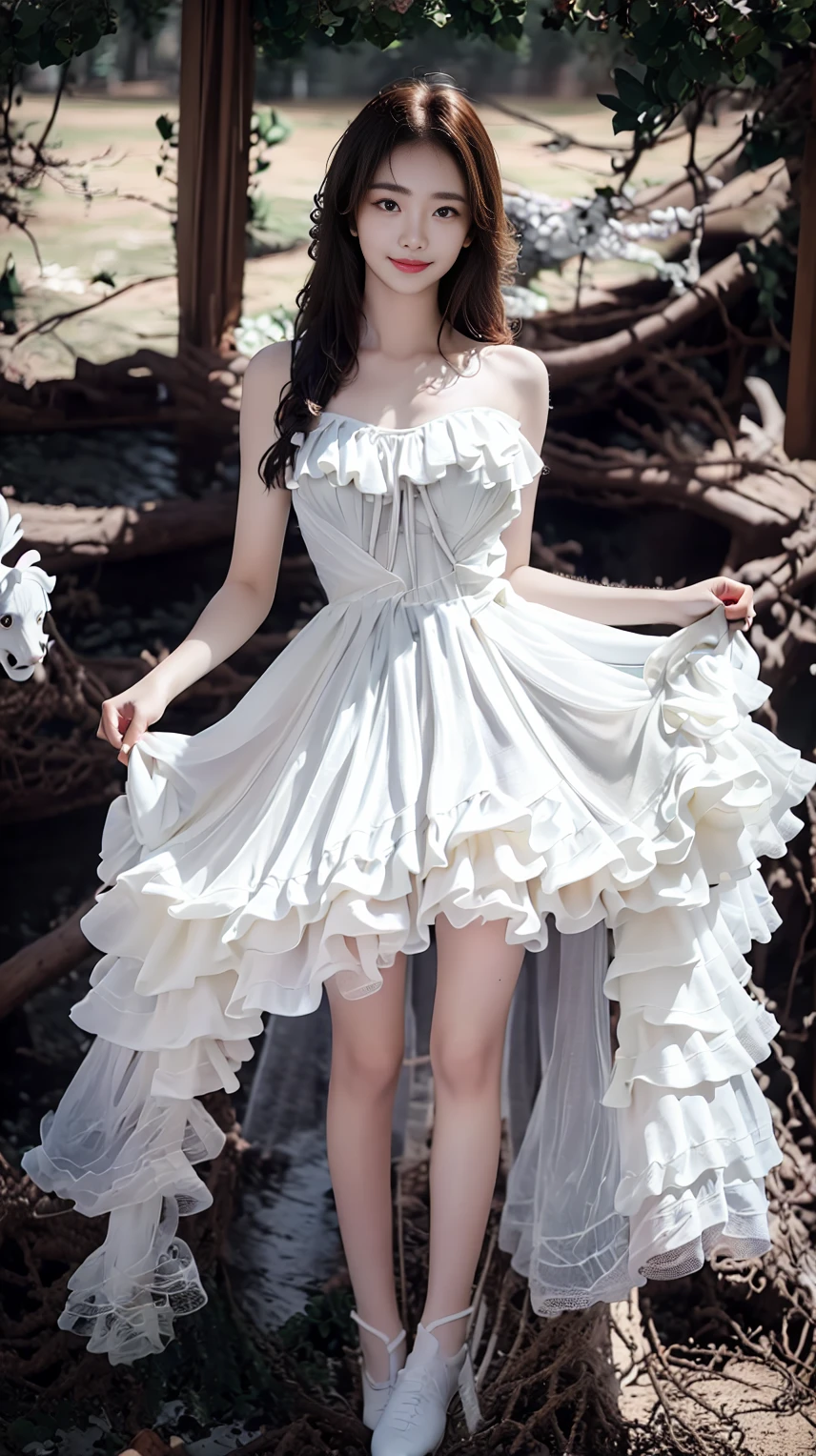 masterpiece,(best quality:1.3),ultra high res,raw photo,detailed skin,beautiful lighting,(realistic,photo-realistic:1.4),closed mouth,1girl,<lora:WeddingDressV1:1>,(hunsha:1.3),full body,white clothes,Smile,big eyes,