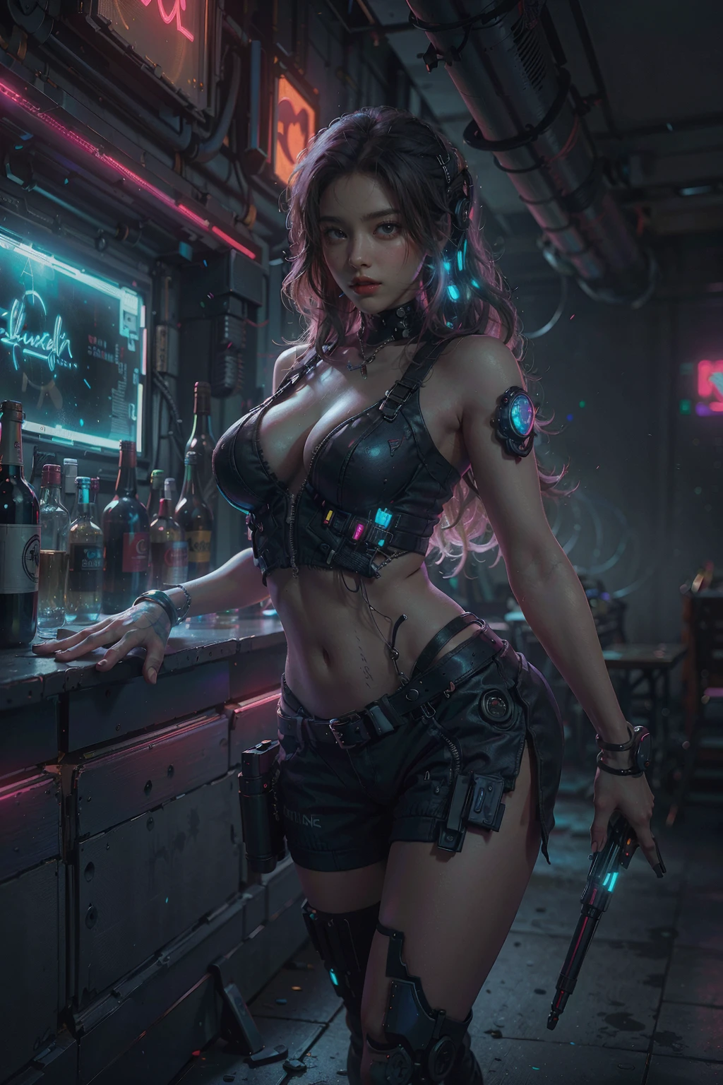 (RAW photo, 4k, realistic, exquisitely detailed skin), masterpiece, best quality, official art, unity 8k wallpaper, ultra detailed,cyberpunk 2077,(dark night), cinematic look,CyberpunkAI, neon, high saturation, deep shadow,(cyborg) (cyberpunk),red and blue neon light, indoors,
a sexy (barmaid:1.2), swan neck, large breasts, narrow waist, slim body, sexy, charming, seductive, alluring, attractive, white wavy hair, dynamic pose, (in a nightclub:1.3), lasers, beams, red-light district, party, celebrating,
vivid illumination,
masterful technique,
harmonious composition,
cinematic lighting,
immersive atmosphere,
exceptional detail,
(stunning visuals),
<lora:CyberPunkAI:0.6> 
<lora:NeonNoir-000002:0.8:PALETTE>