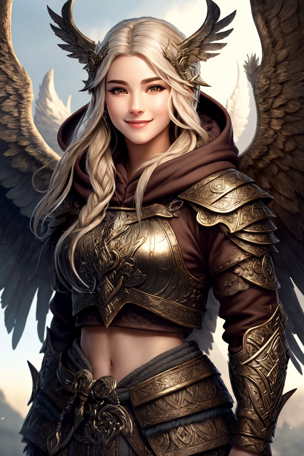 Masterpiece, absurdres, fine detail, HDR,beautiful smile, highly detailed facial features,
hoodie, a [woman|walkure] posing for a picture , wearing [walkure_armor, viking|hoodie], WINGS, viking,norse setting
 <lora:ValkHoodie:0.75>