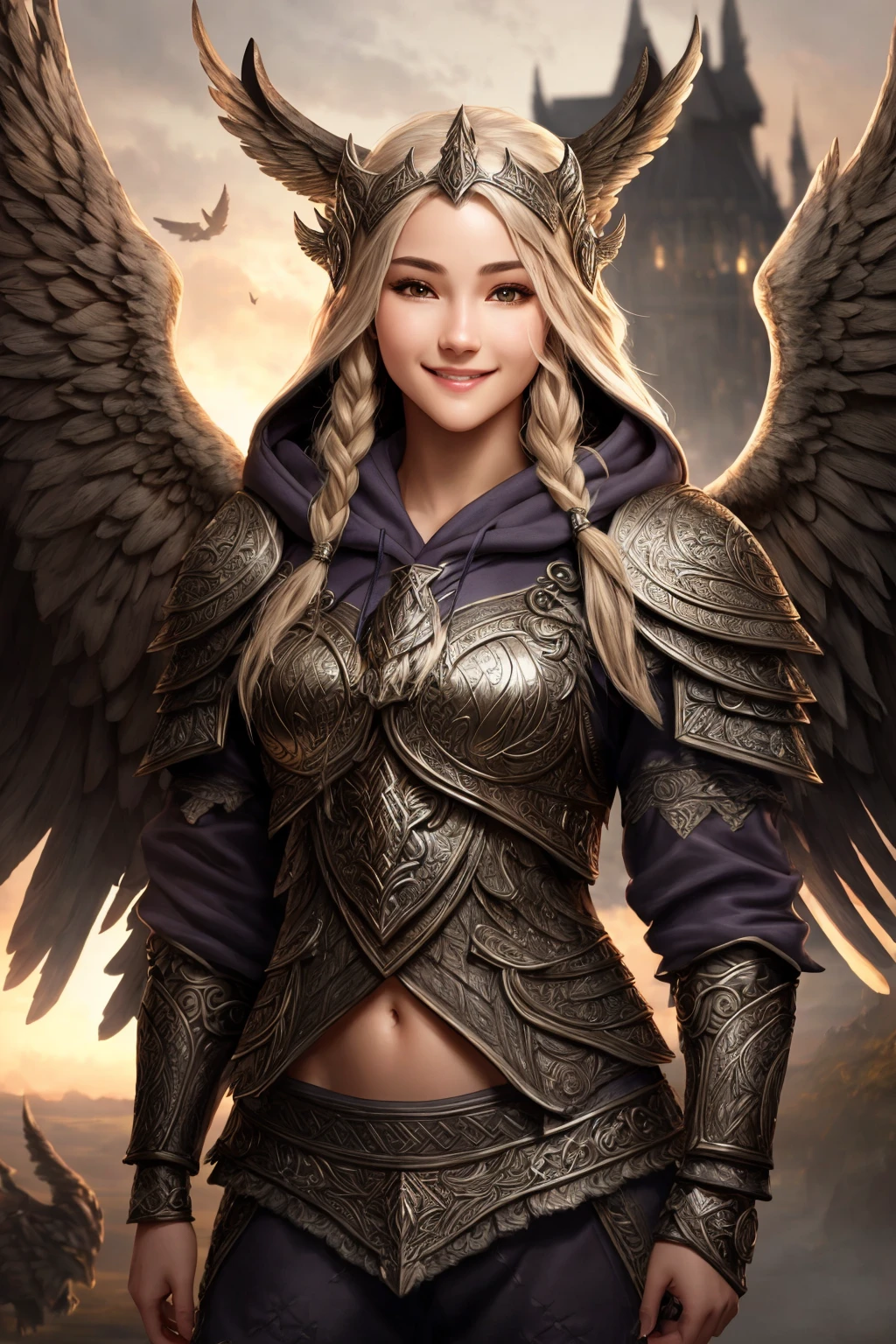 Masterpiece, absurdres, fine detail, HDR,beautiful smile, highly detailed facial features,
hoodie, a [woman|walkure] posing for a picture , wearing [walkure_armor, viking|hoodie], WINGS, viking,norse setting
 <lora:ValkHoodie:0.75>