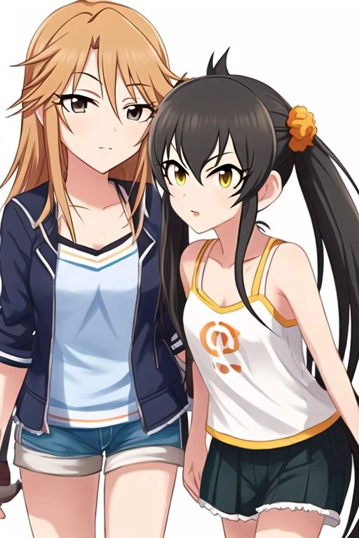 Matoba Risa, Yuuki Haru, apuri
2girls, black hair, breasts, camisole, child, grey eyes, hair between eyes, long hair, multiple girls, orange hair, pleated skirt, shorts, skirt, small breasts, twintails, white background, yellow eyes
<lora:u149-v4.0:1>