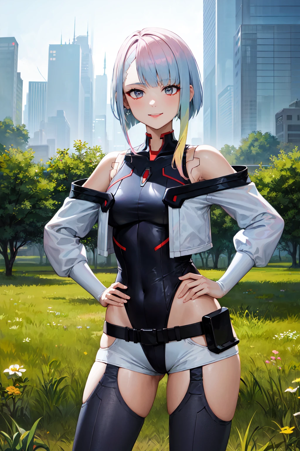 masterpiece, best quality, highres, lu1, cyborg, multicolored hair, makeup, bare shoulders, black leotard, highleg leotard, (thong:1.1), white jacket, open jacket, belt, shorts, <lora:lucy_(cyberpunk)_v10:0.7>, cowboy shot, standing, cyberpunk, flower, garden, grass, hand on hip, smile