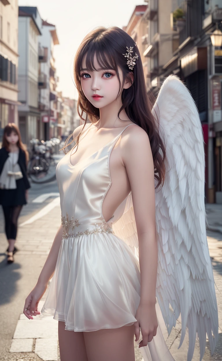 realistic,photorealistic,masterpiece,best quality,1girl,solo,(standing in street),looking at viewer,((an extremely delicate and beautiful)),(beautiful detailed eyes),(angel),young girls,bare_shoulders,wings,Floating white silk,