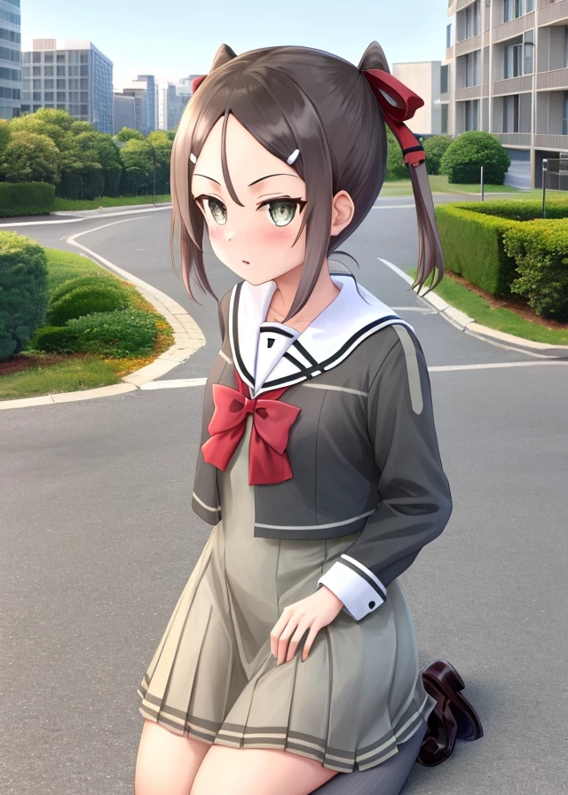 ((Street in the middle of a modern city,detailed background,beautiful background)),<lora:Miyoshi_Karin-10:1>,Miyoshi_Karin, 1girl, solo,brown hair, hair ornament, long sleeves,dress, bow, ribbon, twintails, school uniform, hair ribbon, hair bow, shoes, socks, hairclip, bowtie, black footwear, red bow, grey eyes, kneehighs, loafers, sailor dress, pleated dress, grey dress,white socks,upper body