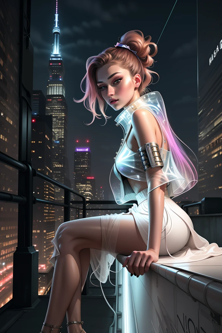 (8k, masterpiece:1.2), Night view of city streets, The lights of the night, (ultra highres:1.0), watercolor, a beautiful woman, wearing loose white blouse and loose skirt weird future fashion with straps, shoulder, hair ribbons, portrait, extremely luminous bright design, detailed face, model photoshoot style, very long hair, intricate, elegant, hdr, backlighting, realism, (hyperrealism), (cinematic), (hyperdetailed:1.2), facing camera, best quality, (best quality:1.0), close up, weird future fashion <lora:weird future fashion_v4:1>