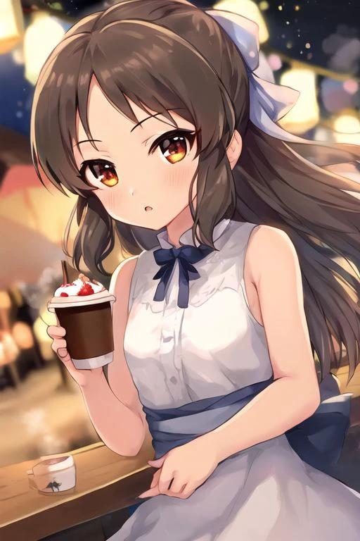 Tachibana Arisu,
1girl, blurry, blurry background, blush, bokeh, bridge, brown hair, coffee cup, cup, depth of field, disposable cup, dress, dutch angle, elbow rest, floating hair, food, fruit, lantern, lens flare, looking at viewer, night, outdoors, parfait, sleeveless, sleeveless dress, solo, steam, strawberry
<lora:u149-v4.0:1>